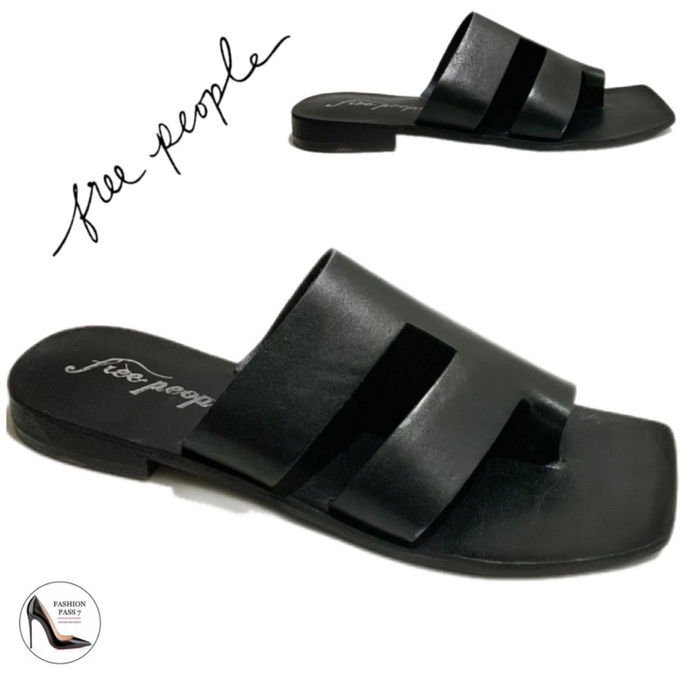 Free People Lander Black Leather Slide Sandal Slip On Flat Mules Summer Shoes 39 - Picture 3 of 9